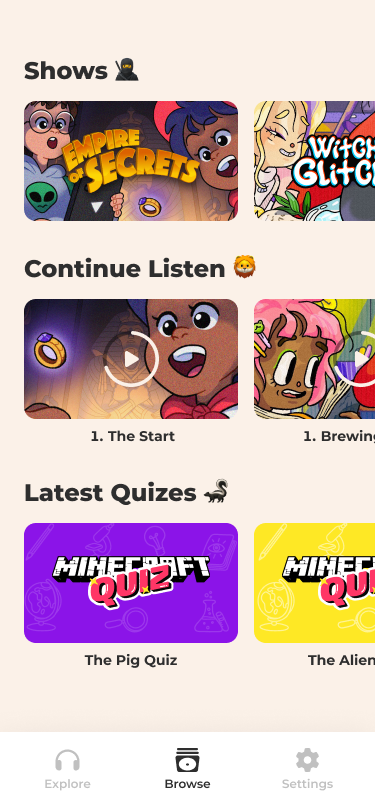 The browser screen in AWDIO, showing a list of available content, and the users active stories